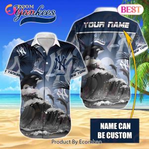 MLB New York Yankees Special Hawaiian Design Dolphins And Waves Button Shirt