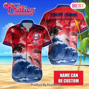 MLB Philadelphia Phillies Special Hawaiian Design Dolphins And Waves Button Shirt