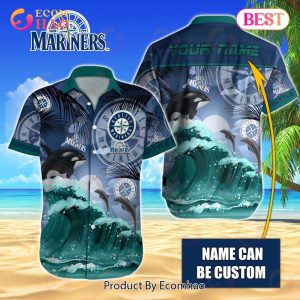 MLB Seattle Mariners Special Hawaiian Design Dolphins And Waves Button Shirt