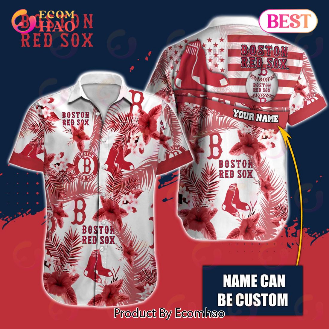 Custom Name MLB Boston Red Sox Special Hawaiian Design Button Shirt