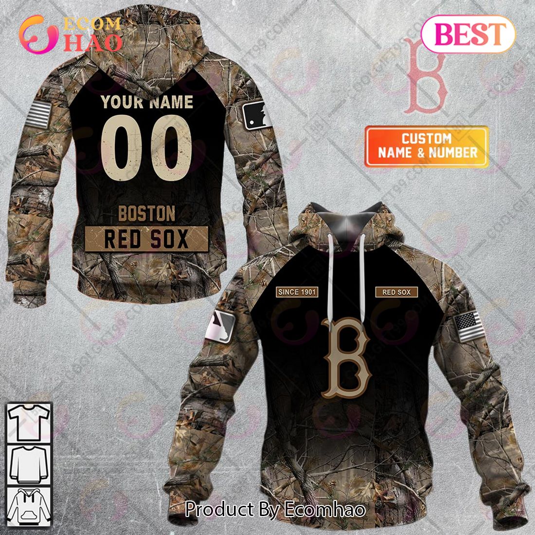 Personalized MLB Boston Red Sox Hunting Camouflage 3D Hoodie