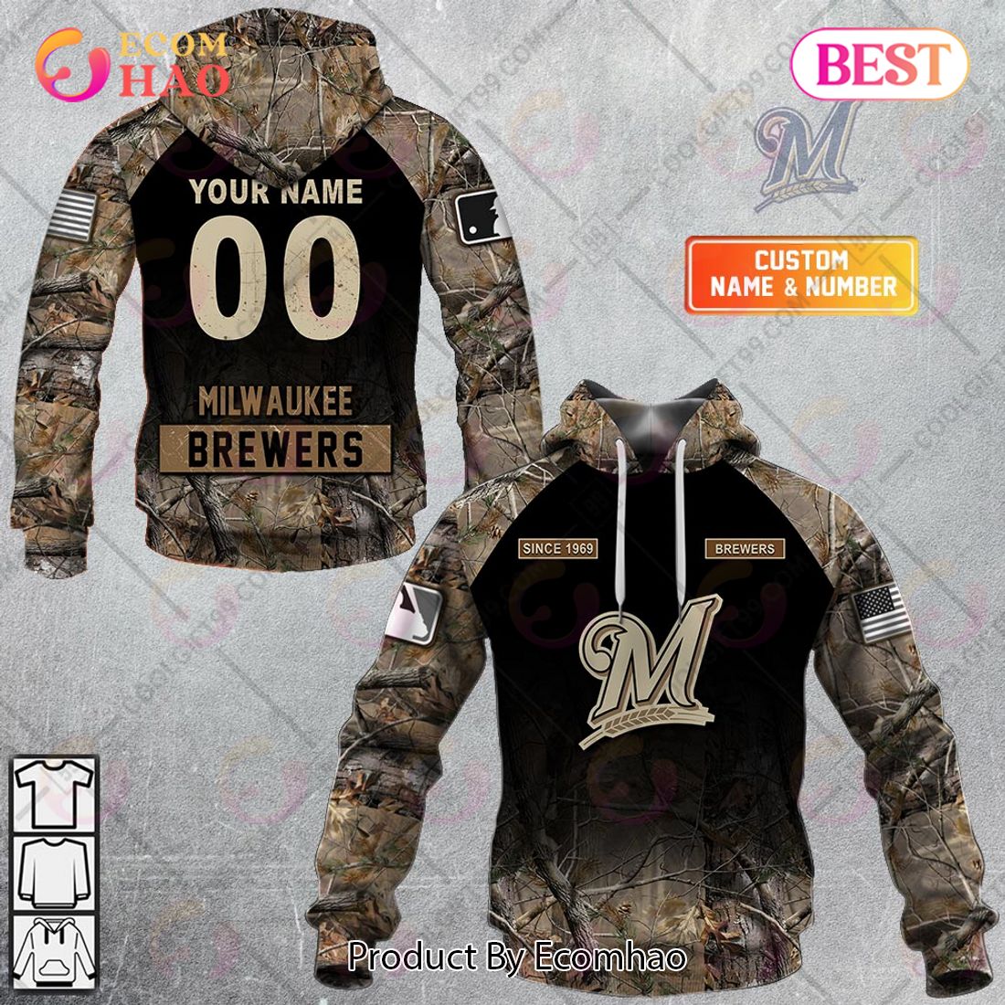 Personalized MLB Milwaukee Brewers Hunting Camouflage 3D Hoodie