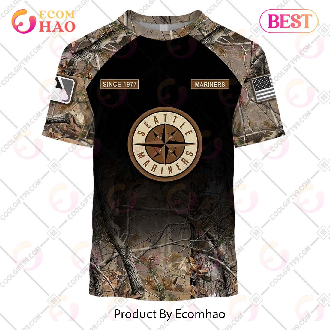 Custom Mariners Shirt 3D Awesome Hunting Camo USA Flag Seattle