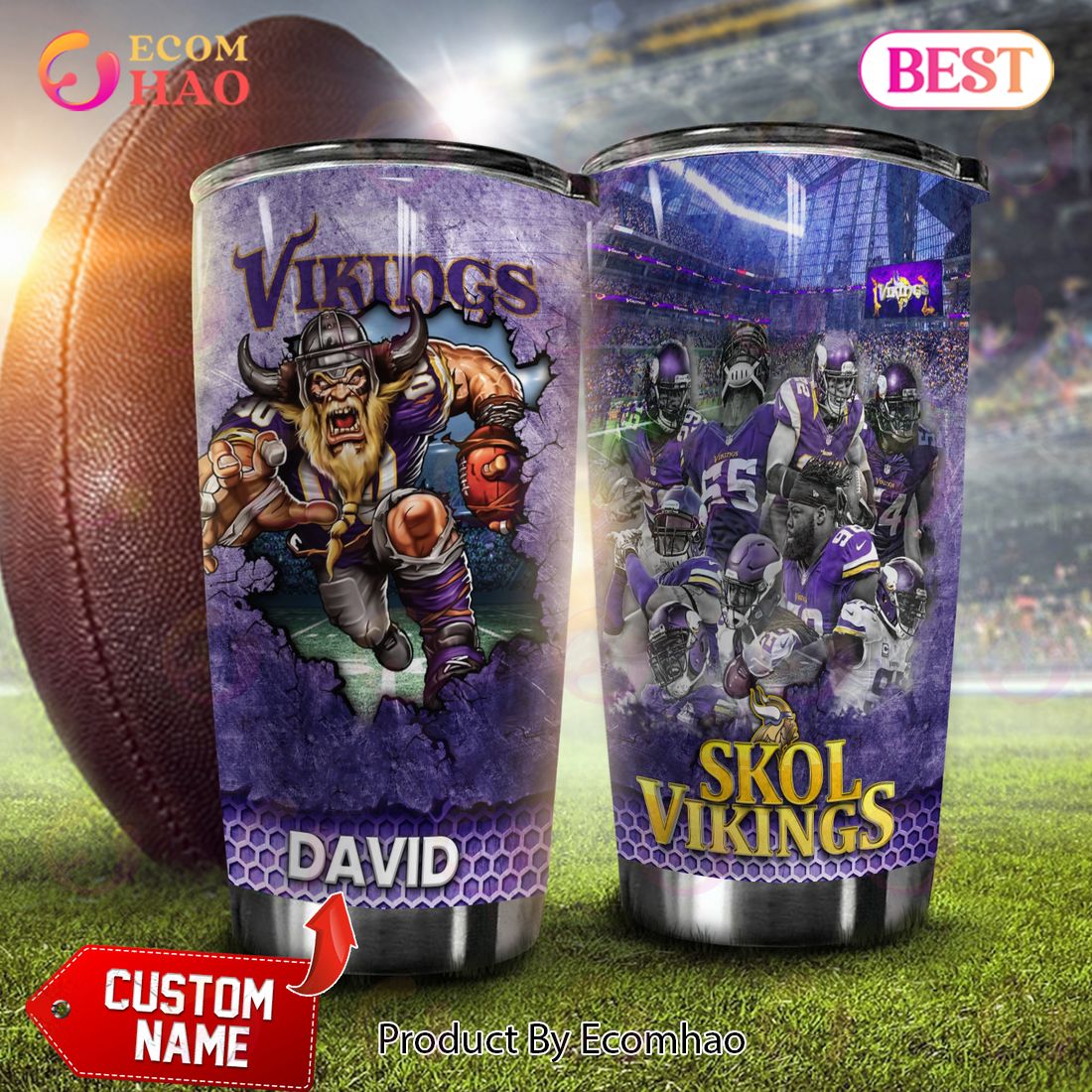 NFL Minnesota Vikings 20oz Stainless Steel Tumbler Cup, Custom Name Minnesota Vikings Football Champions Tumbler