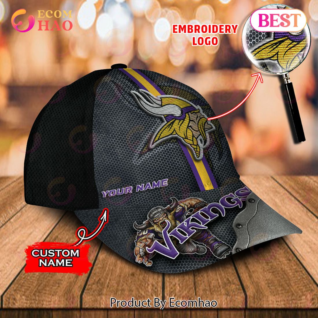 NFL Minnesota vikings 3d mascot classic custom name cap hat