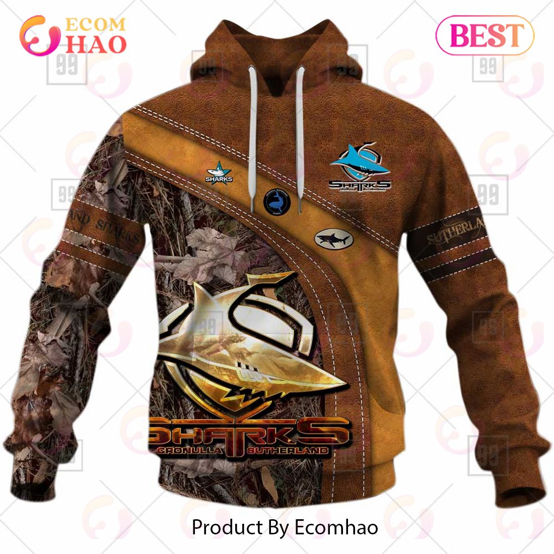 Personalized NRL Cronulla Sutherland Sharks Leather leaf Style 3D Hoodie