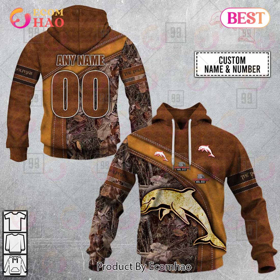 Personalized NRL Dolphins Leather leaf Style 3D Hoodie