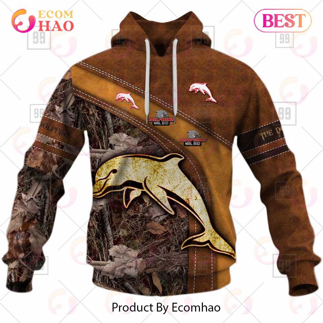 Personalized NRL Dolphins Leather leaf Style 3D Hoodie