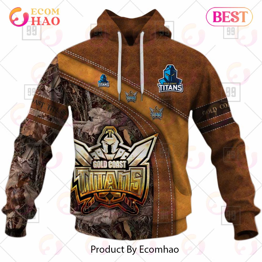 Personalized NRL Gold Coast Titans Leather leaf Style 3D Hoodie