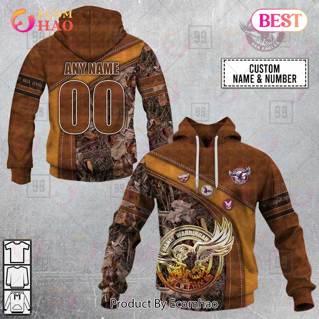 Personalized NRL Manly Warringah Sea Eagles Leather leaf Style 3D Hoodie