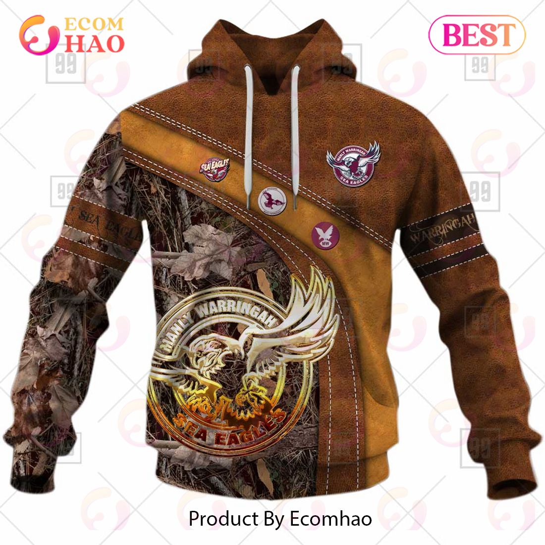 Personalized NRL Manly Warringah Sea Eagles Leather leaf Style 3D Hoodie