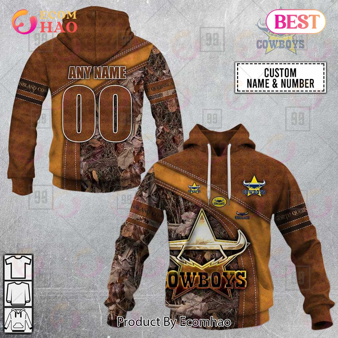 Personalized NRL North Queensland Cowboys Leather leaf Style 3D Hoodie