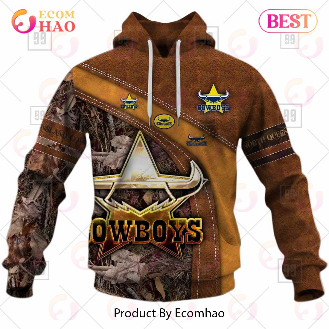 Personalized NRL North Queensland Cowboys Leather leaf Style 3D Hoodie