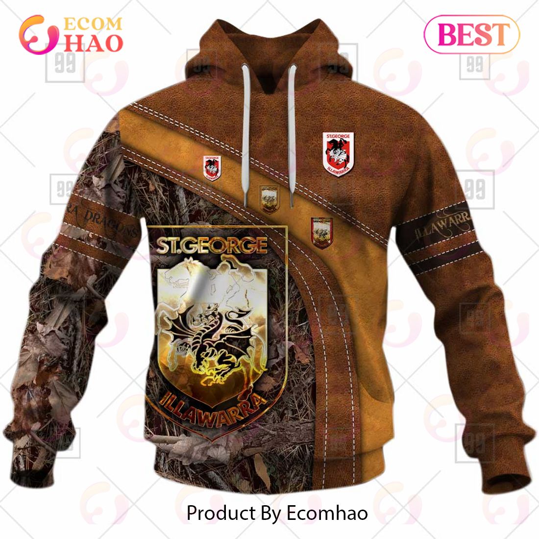 Personalized NRL St. George Illawarra Dragons Leather leaf Style 3D Hoodie