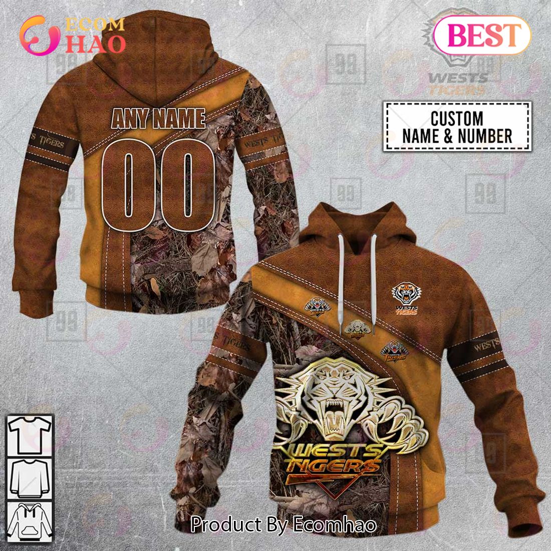 Personalized NRL Wests Tigers Leather leaf Style 3D Hoodie