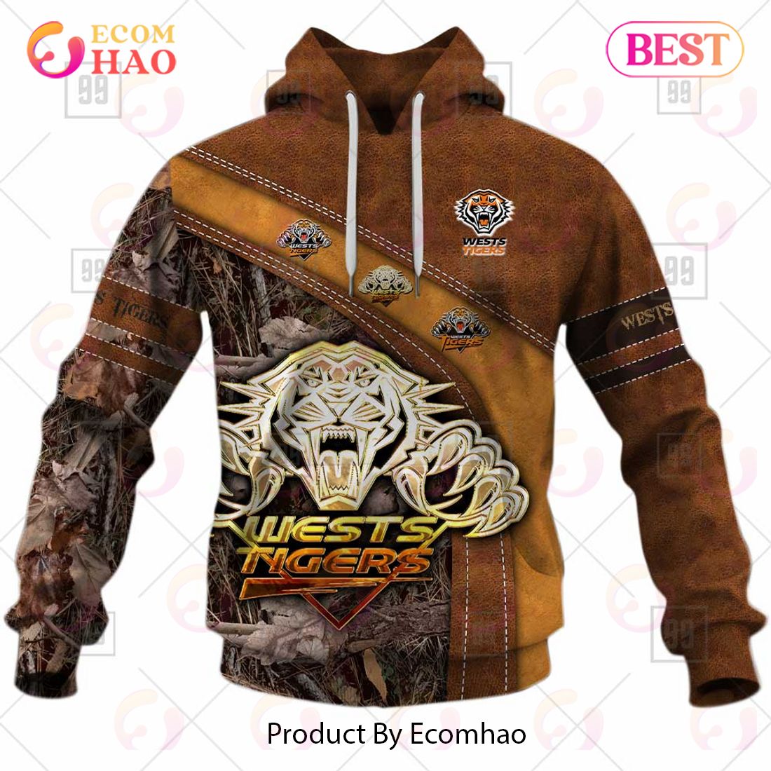 Personalized NRL Wests Tigers Leather leaf Style 3D Hoodie