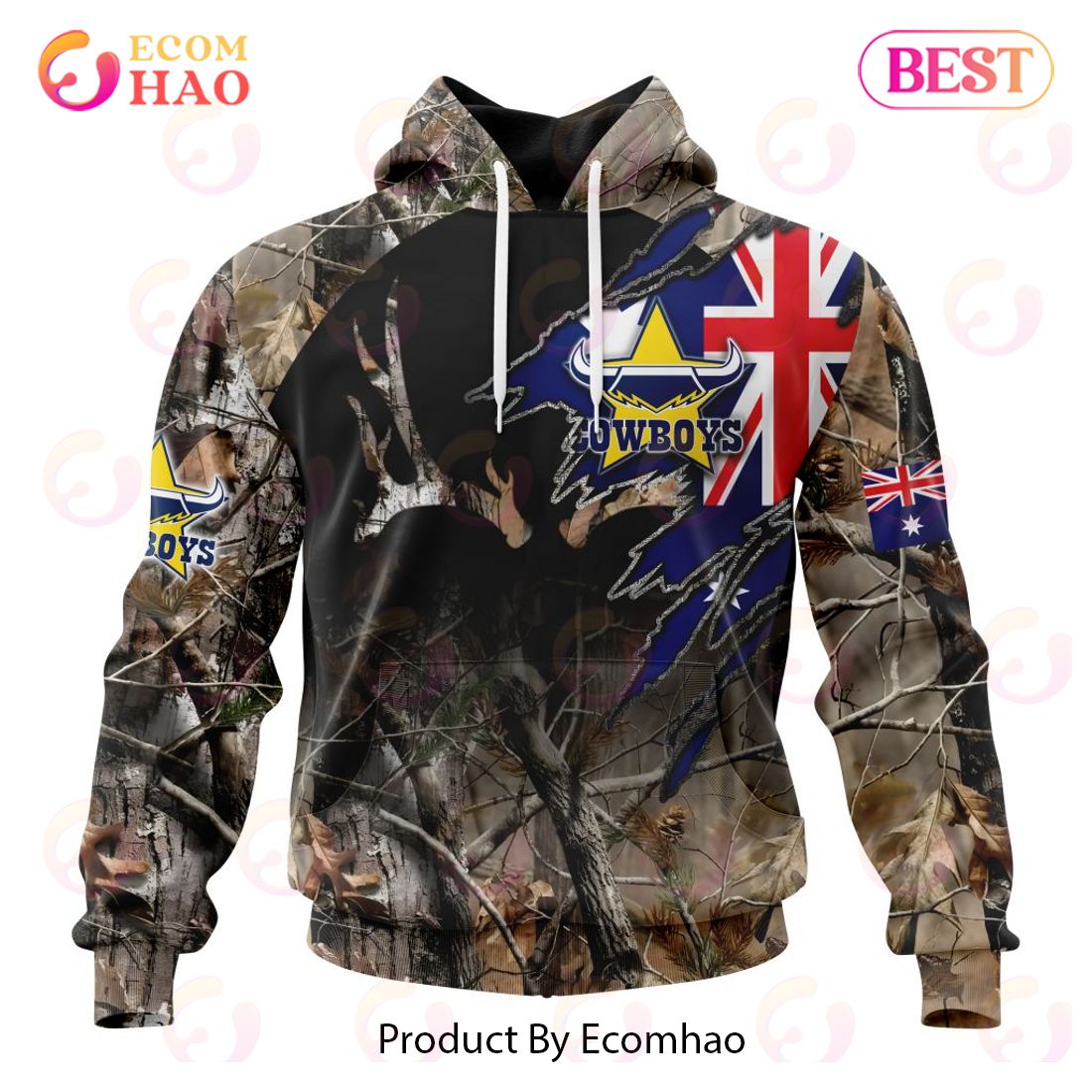 NRL North Queensland Cowboys Special Camo Realtree Hunting 3D Hoodie