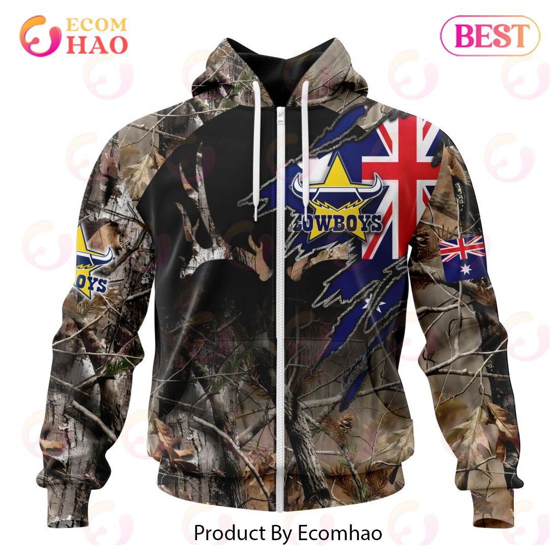 NRL North Queensland Cowboys Special Camo Realtree Hunting 3D Hoodie