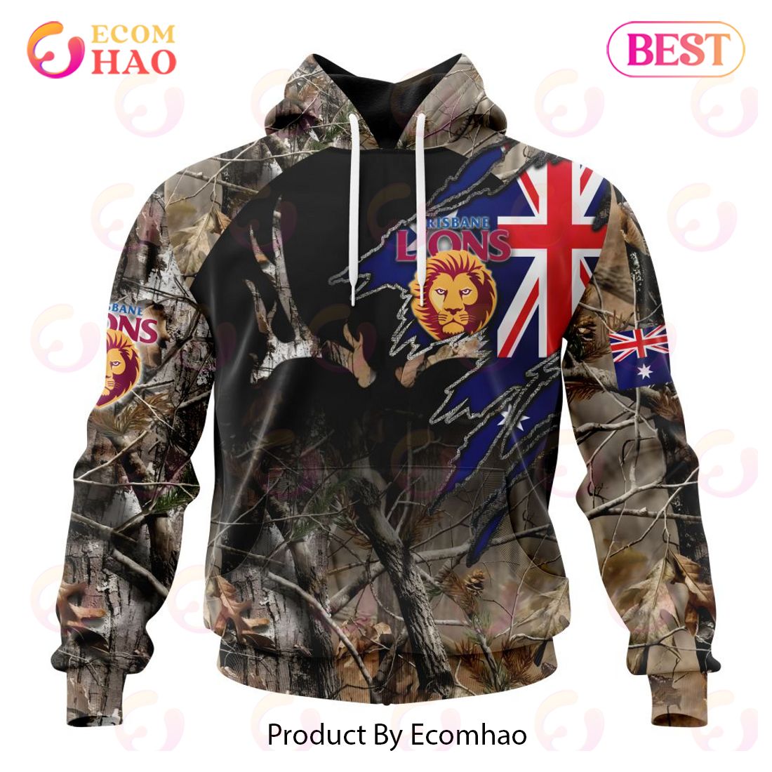 AFL Brisbane Lions Special Camo Realtree Hunting 3D Hoodie