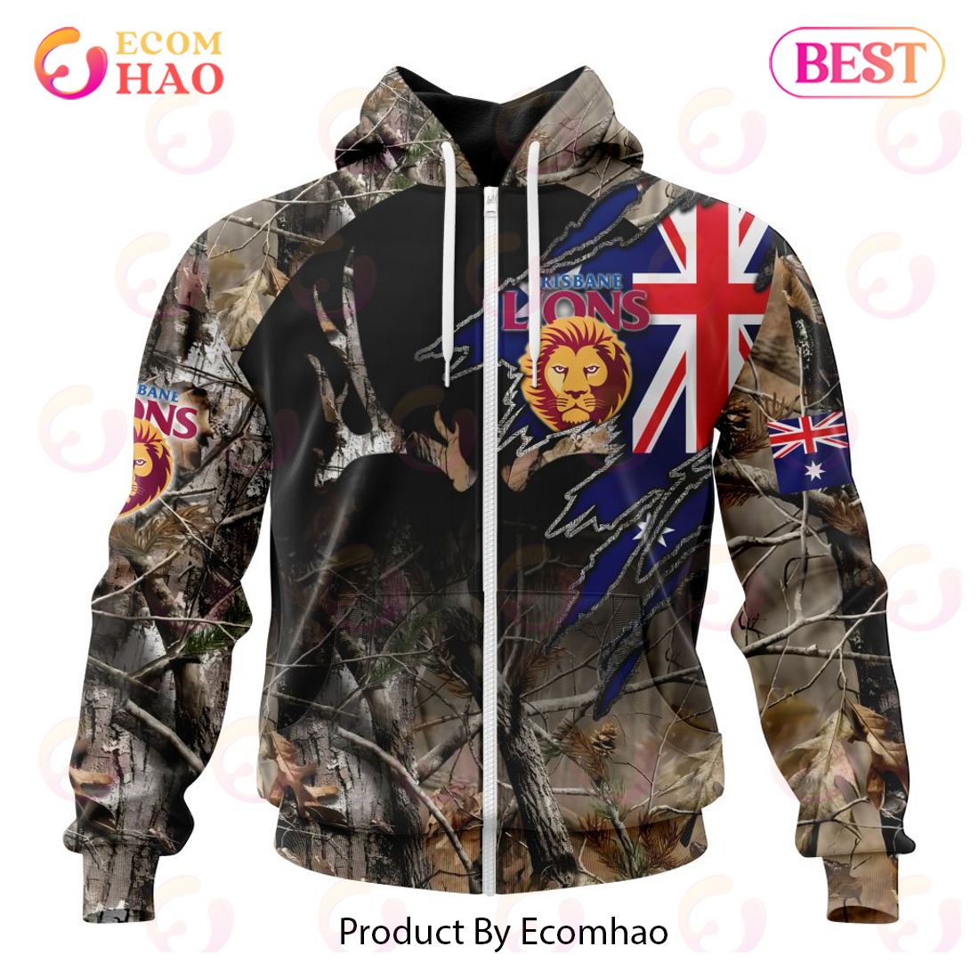 AFL Brisbane Lions Special Camo Realtree Hunting 3D Hoodie