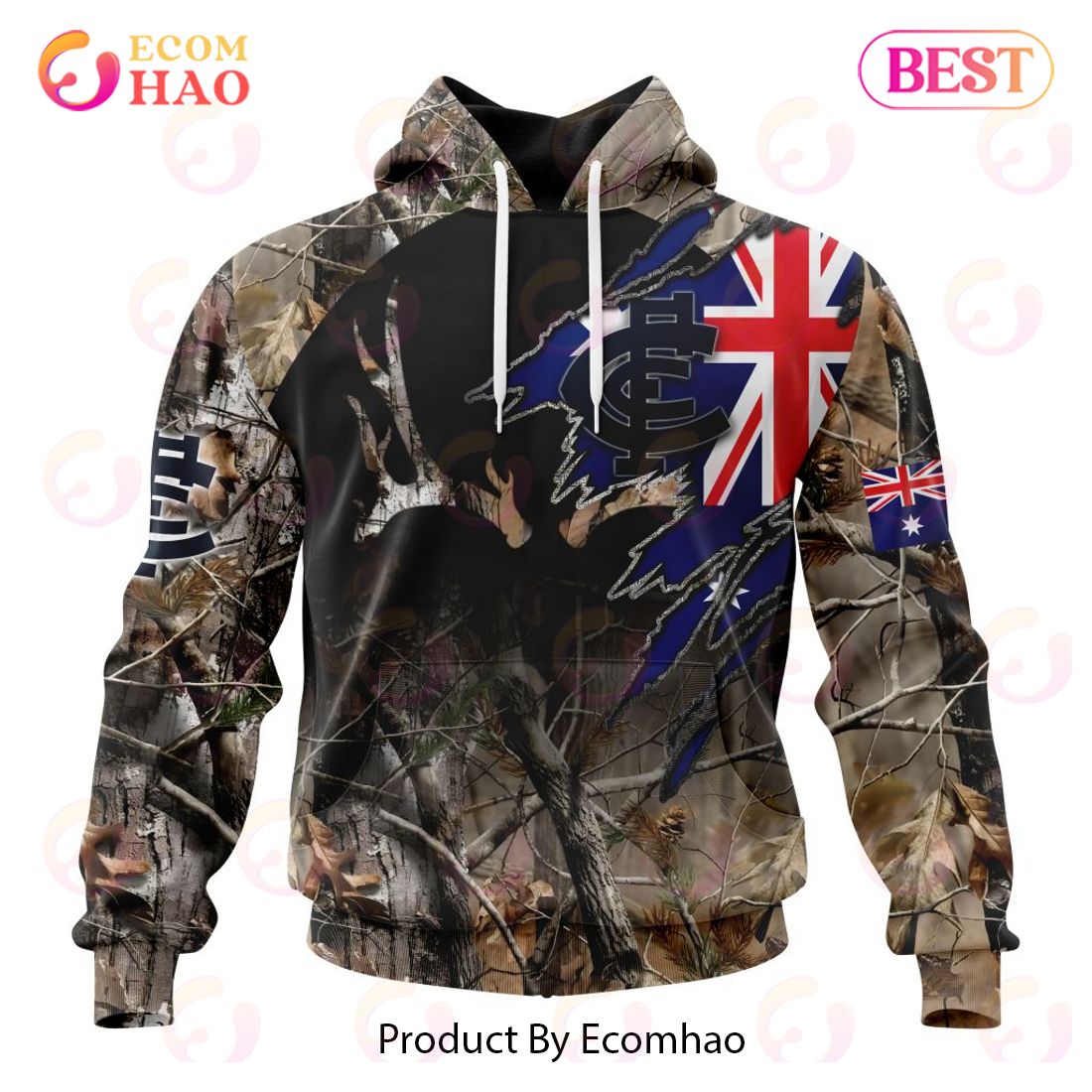 AFL Carlton Football Club Special Camo Realtree Hunting 3D Hoodie