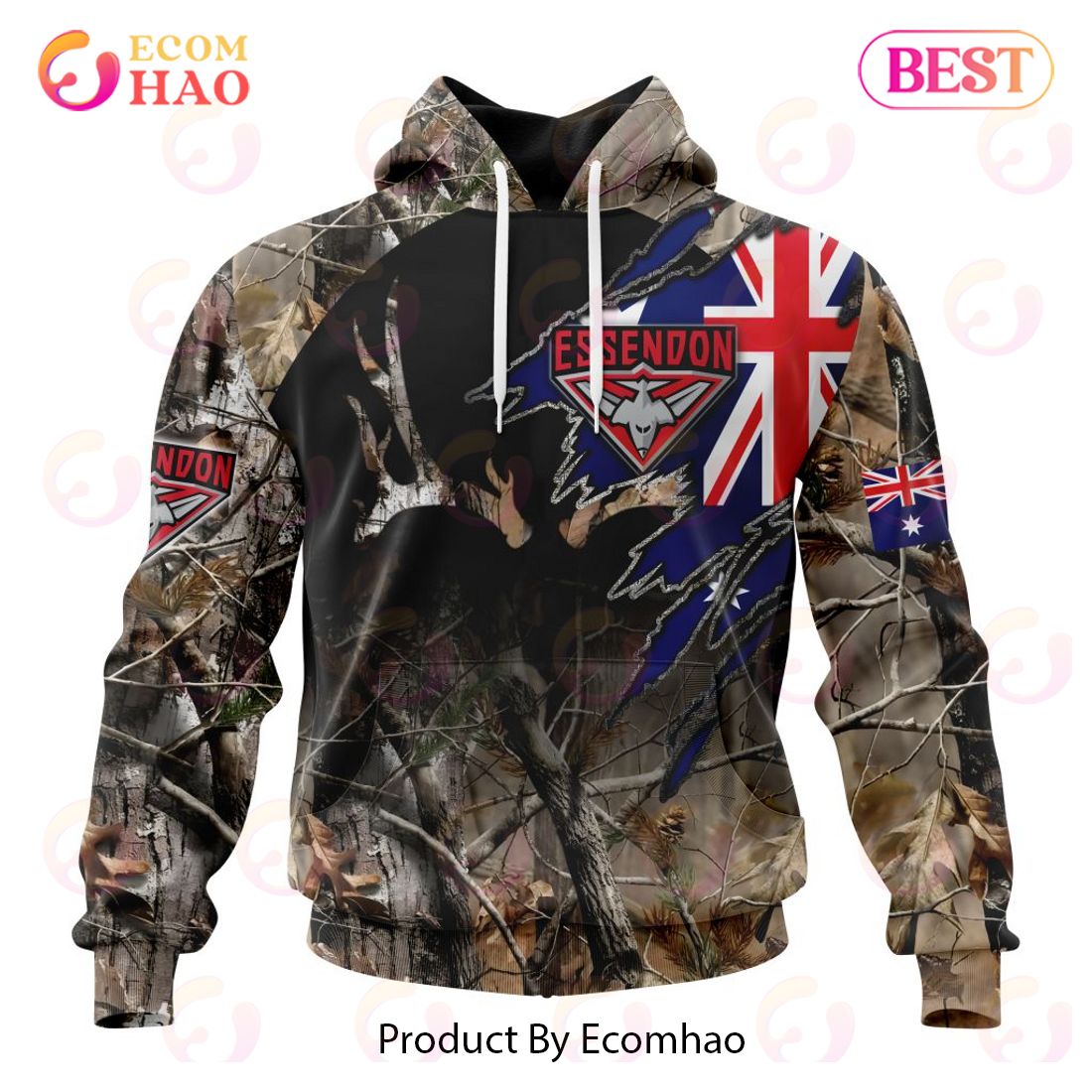 AFL Essendon Football Club Special Camo Realtree Hunting 3D Hoodie