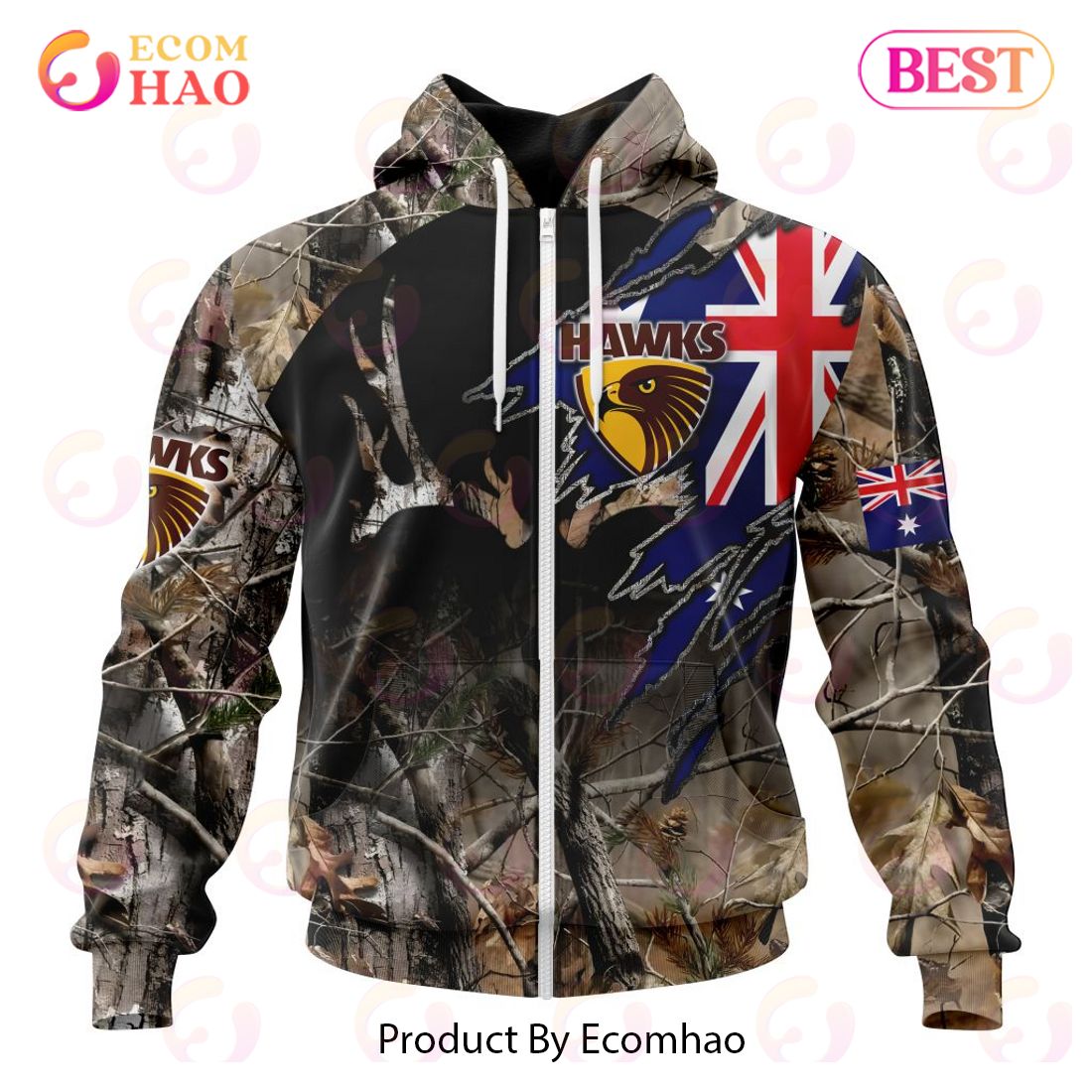 AFL Hawthorn Football Club Special Camo Realtree Hunting 3D Hoodie