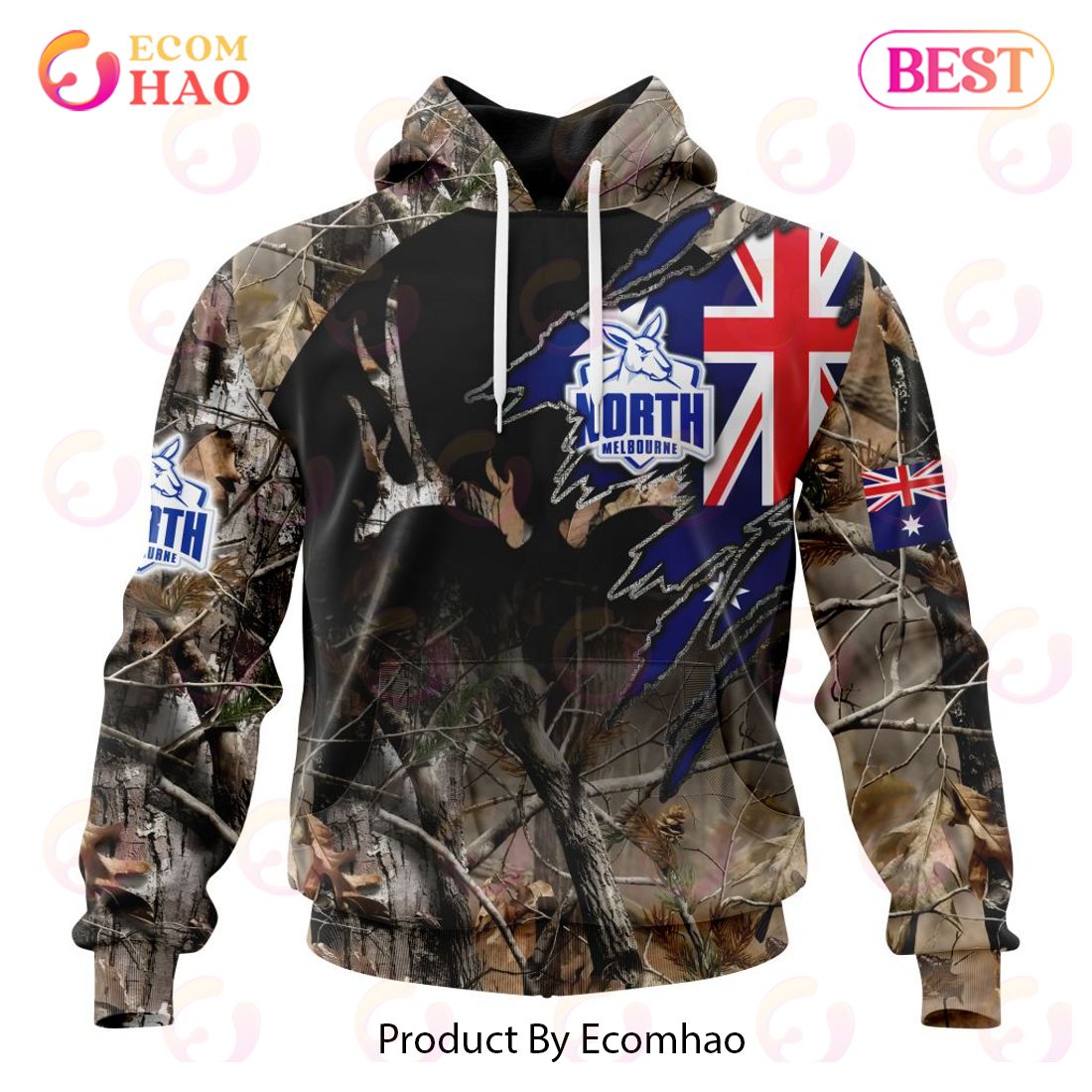 AFL North Melbourne Football Club Special Camo Realtree Hunting 3D Hoodie