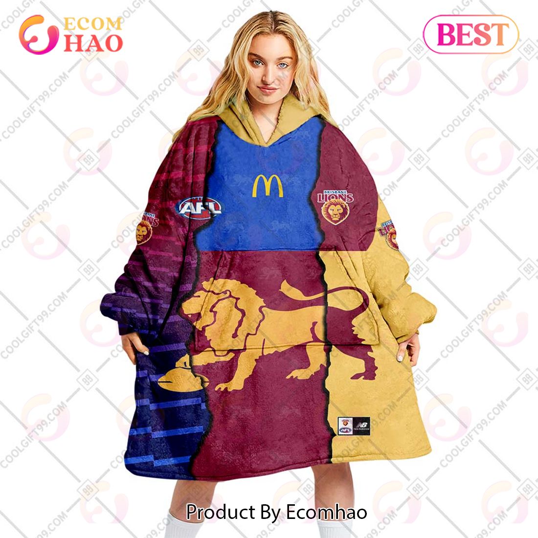 Personalized AFL Brisbane Lions Mix V1 Jersey Oodie, Flanket, Blanket Hoodie, Snuggie