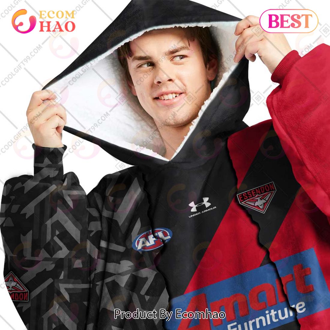 Personalized AFL Essendon Bombers Mix V1 Jersey Oodie, Flanket, Blanket Hoodie, Snuggie