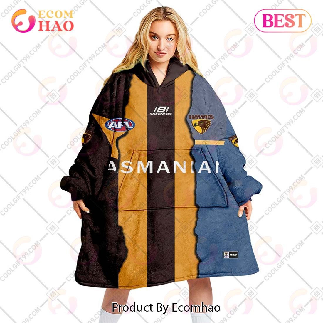 Personalized AFL Hawthorn Hawks Mix V1 Jersey Oodie, Flanket, Blanket Hoodie, Snuggie