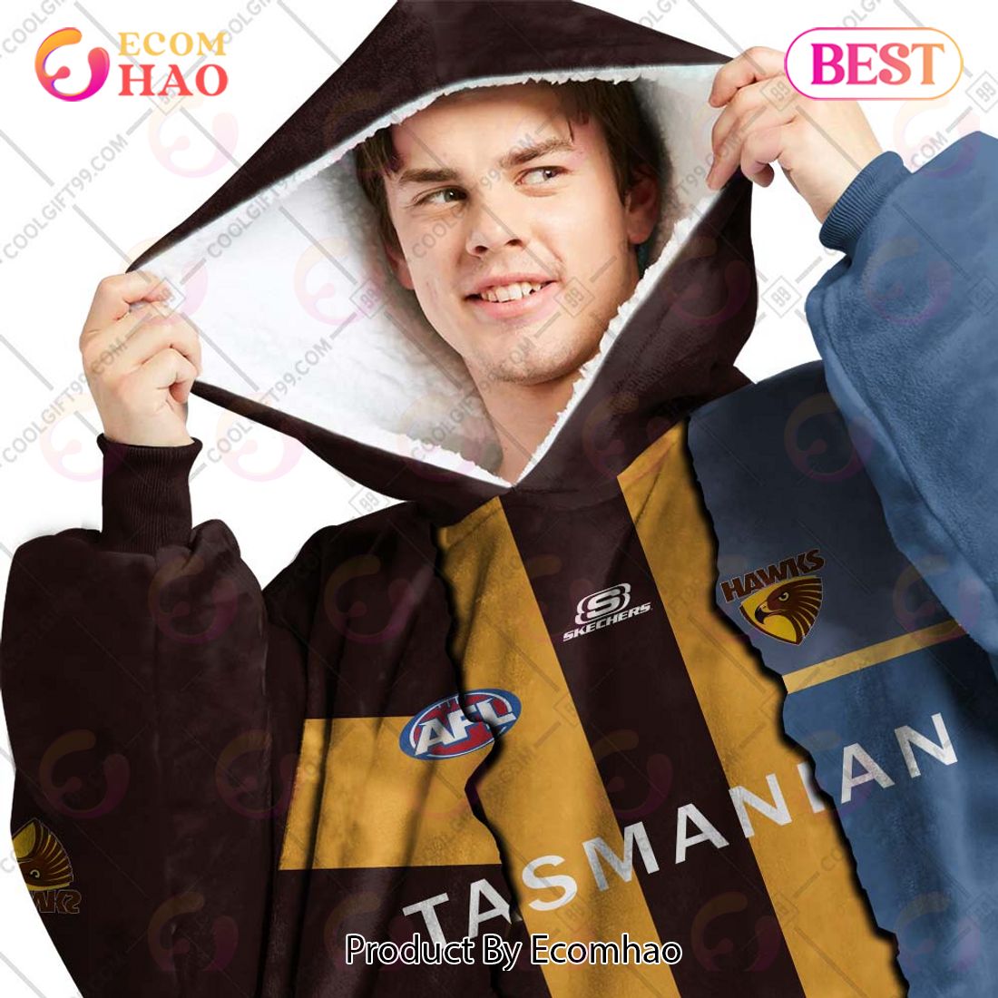 Personalized AFL Hawthorn Hawks Mix V1 Jersey Oodie, Flanket, Blanket Hoodie, Snuggie