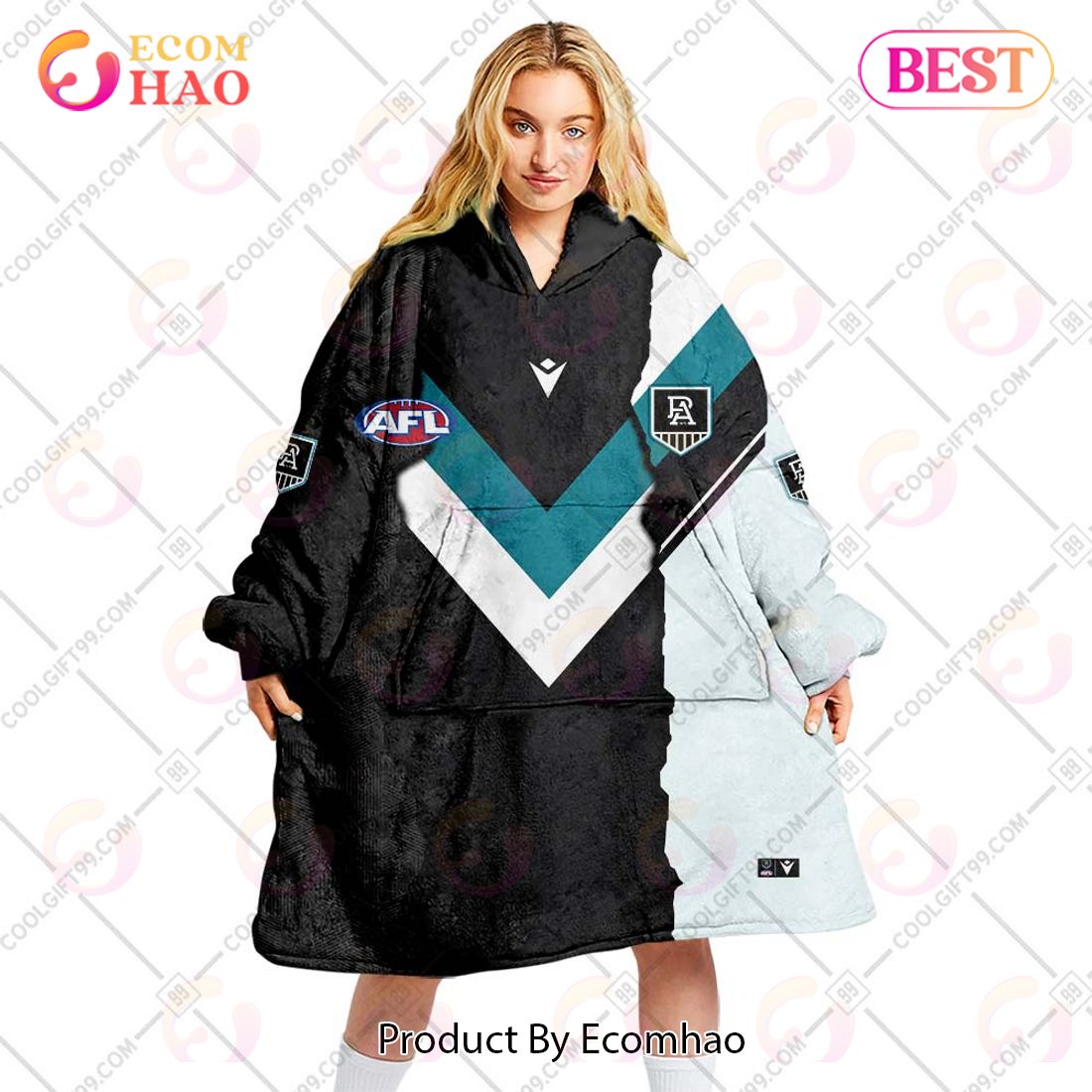 Personalized AFL Port Adelaide Power Mix V1 Jersey Oodie, Flanket, Blanket Hoodie, Snuggie