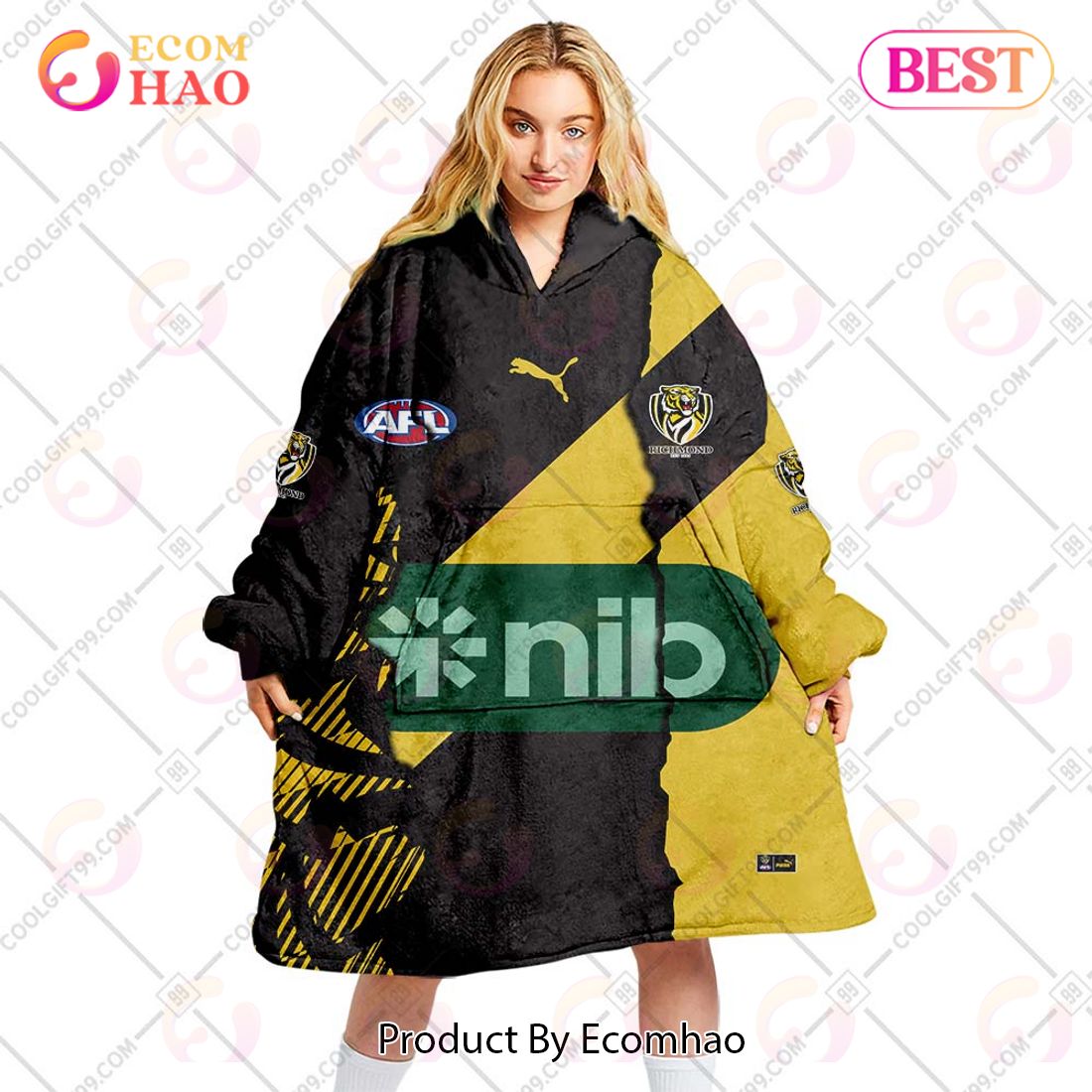 Personalized AFL Richmond Tigers Mix V1 Jersey Oodie, Flanket, Blanket Hoodie, Snuggie