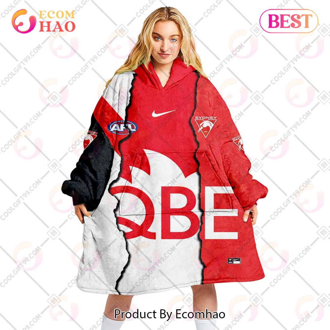 Personalized AFL Sydney Swans Mix V1 Jersey Oodie, Flanket, Blanket Hoodie, Snuggie