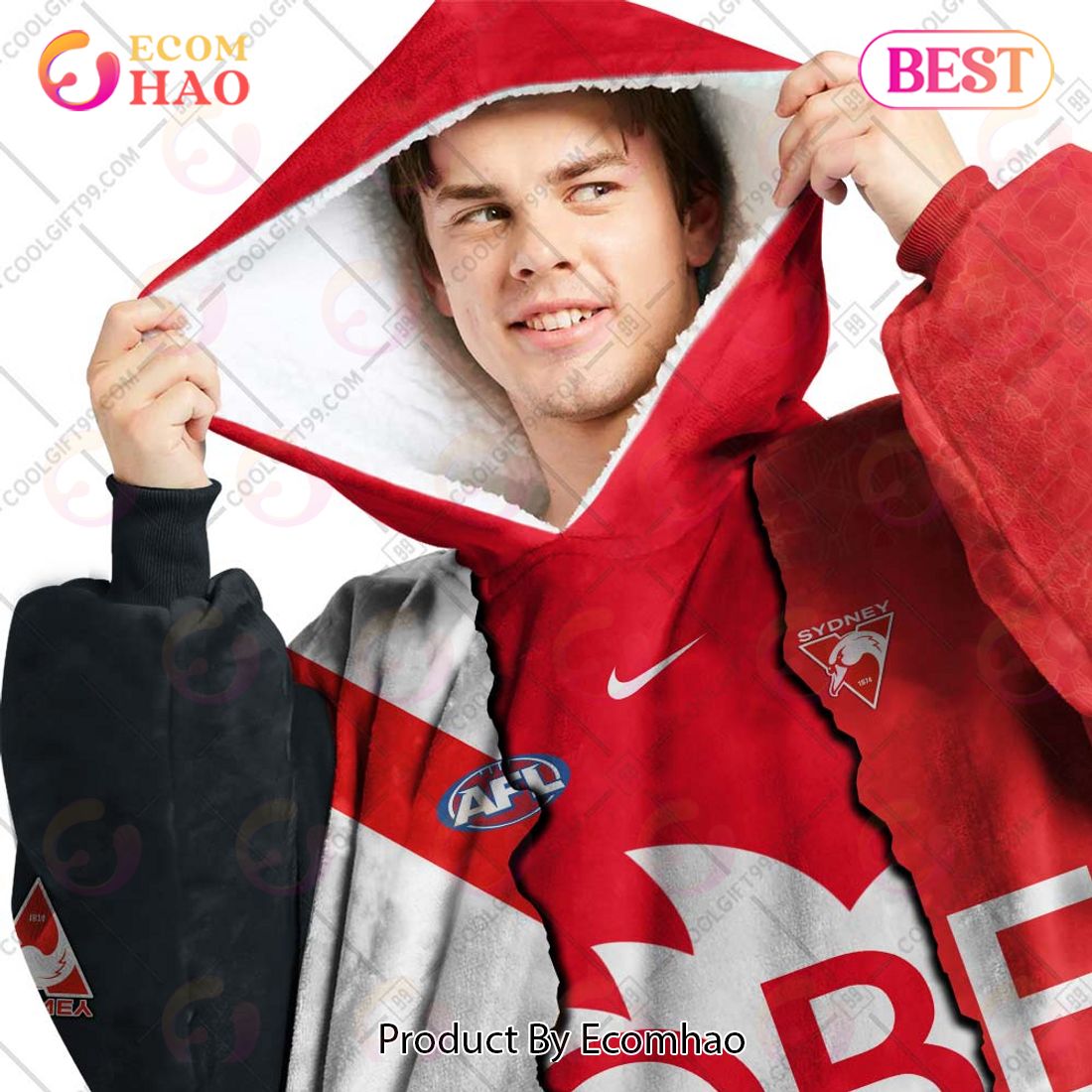 Personalized AFL Sydney Swans Mix V1 Jersey Oodie, Flanket, Blanket Hoodie, Snuggie