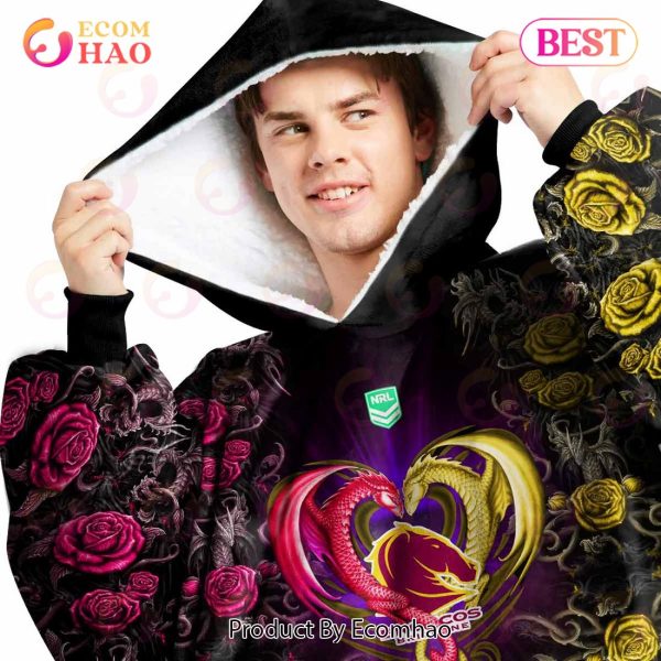 Personalized NRL Brisbane Broncos Rose Dragon Oodie, Flanket, Blanket Hoodie, Snuggie