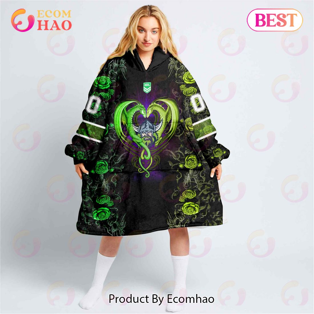 Personalized NRL Melbourne Storm Rose Dragon Oodie, Flanket, Blanket Hoodie, Snuggie