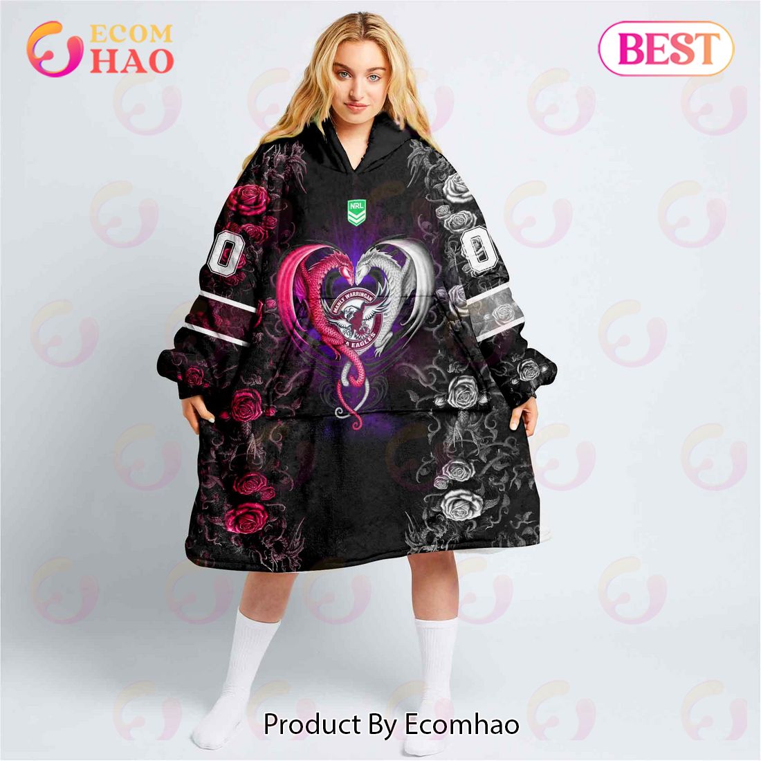 Personalized NRL Manly Warringah Sea Eagles Rose Dragon Oodie, Flanket, Blanket Hoodie, Snuggie