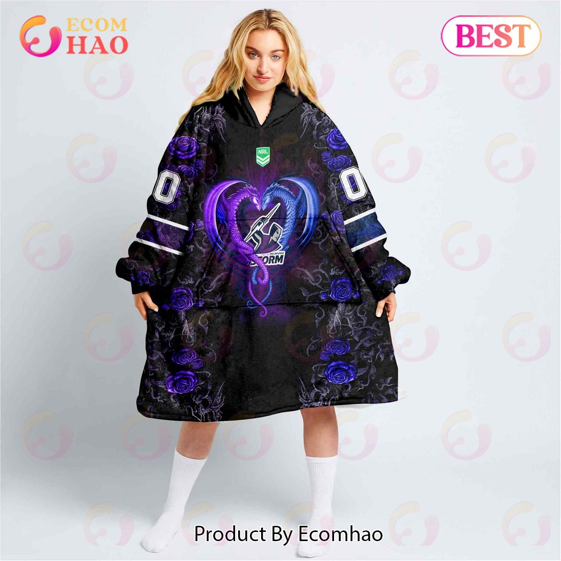 Personalized NRL Melbourne Storm Rose Dragon Oodie, Flanket, Blanket Hoodie, Snuggie