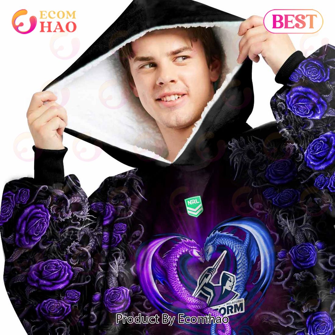 Personalized NRL Melbourne Storm Rose Dragon Oodie, Flanket, Blanket Hoodie, Snuggie