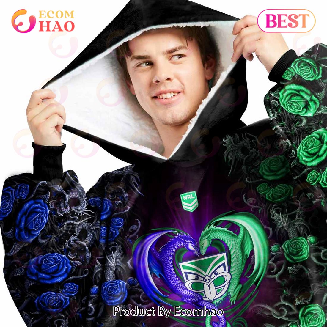 Personalized NRL NZ Warriors Rose Dragon Oodie, Flanket, Blanket Hoodie, Snuggie