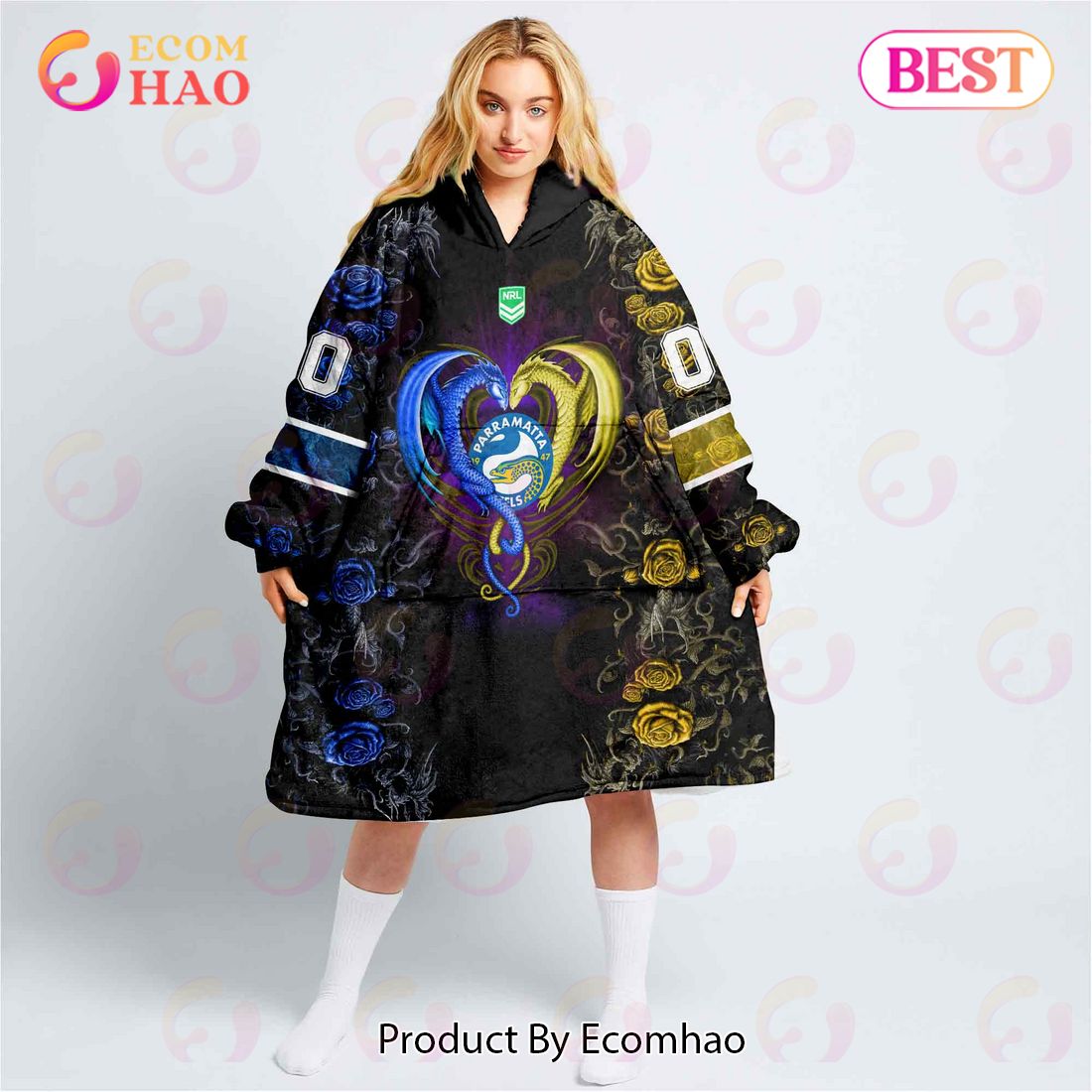 Personalized NRL Parramatta Eels Rose Dragon Oodie, Flanket, Blanket Hoodie, Snuggie