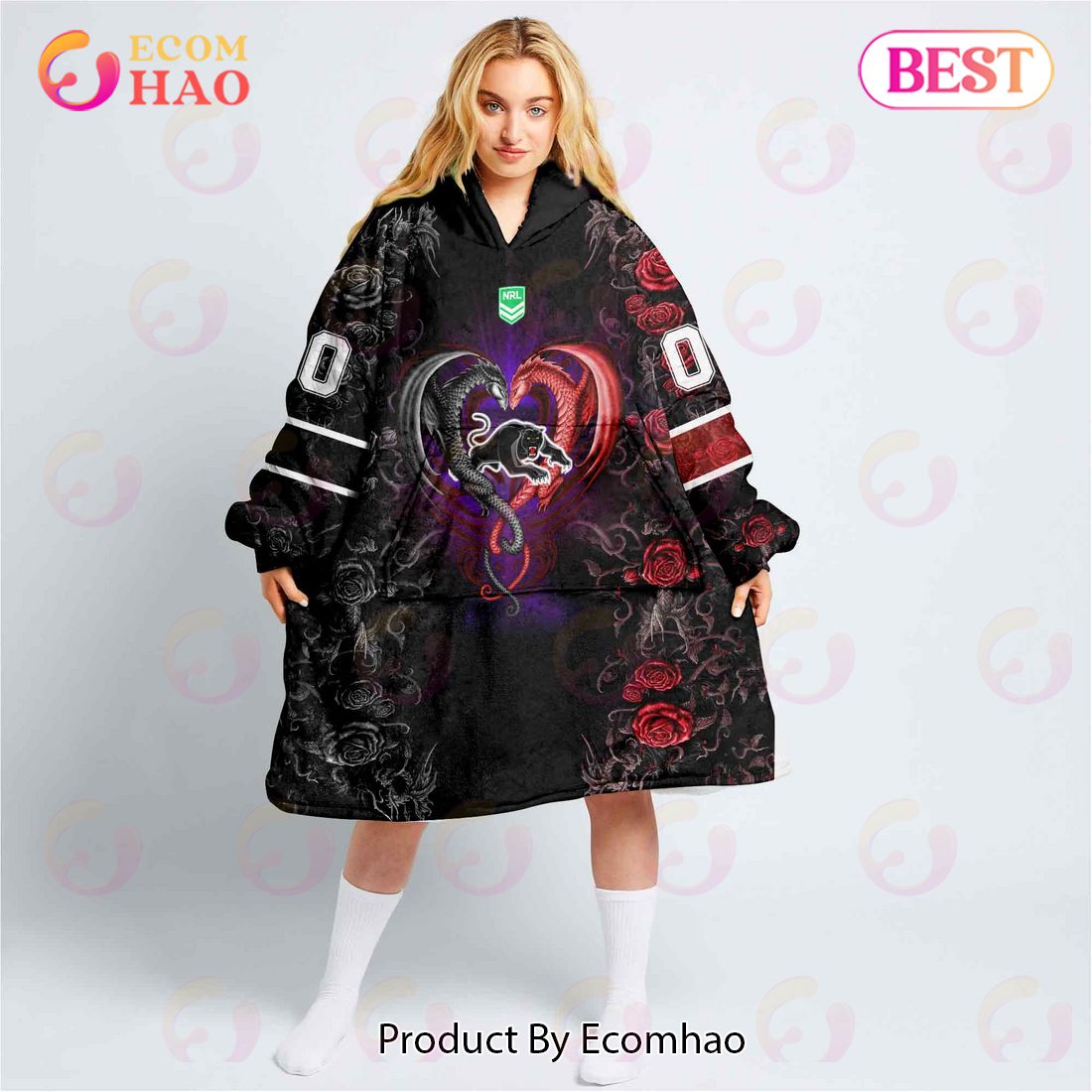 Personalized NRL Penrith Panthers Rose Dragon Oodie, Flanket, Blanket Hoodie, Snuggie