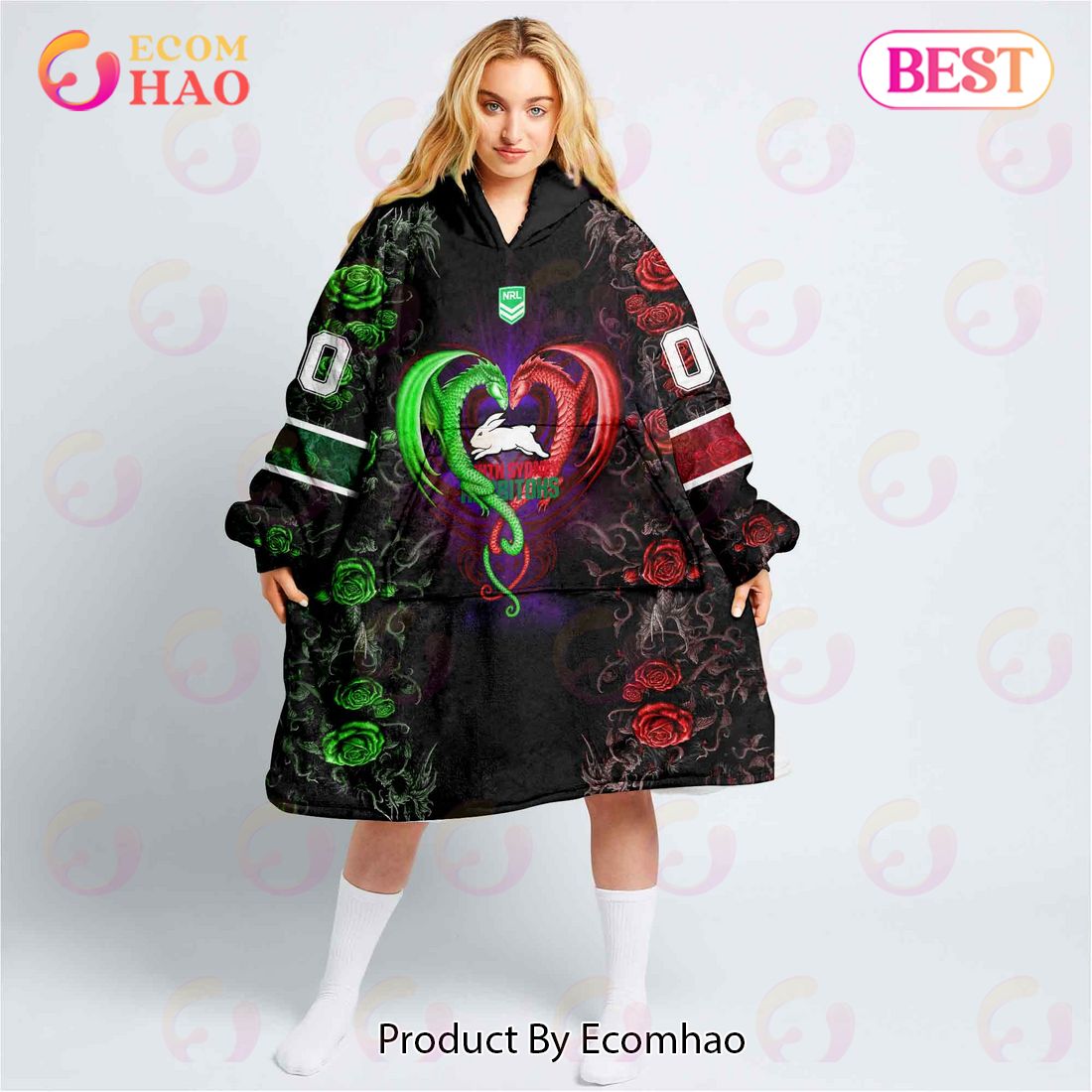 Personalized NRL South Sydney Rabbitohs Rose Dragon Oodie, Flanket, Blanket Hoodie, Snuggie