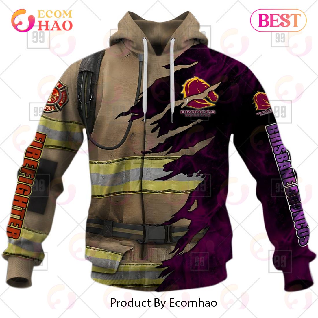 Personalized NRL Brisbane Broncos Firefighter 3D Hoodie