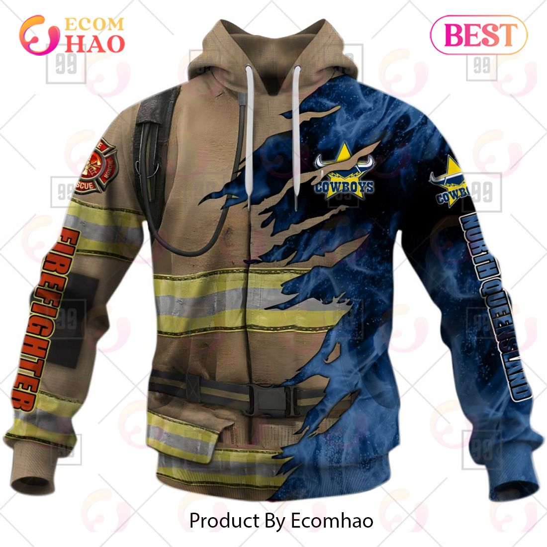 Personalized NRL North Queensland Cowboys Firefighter 3D Hoodie