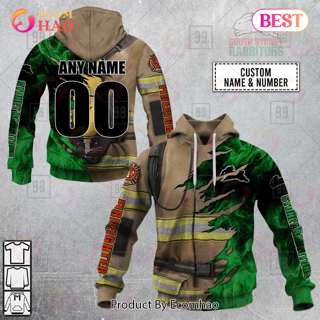 Personalized NRL South Sydney Rabbitohs Firefighter 3D Hoodie