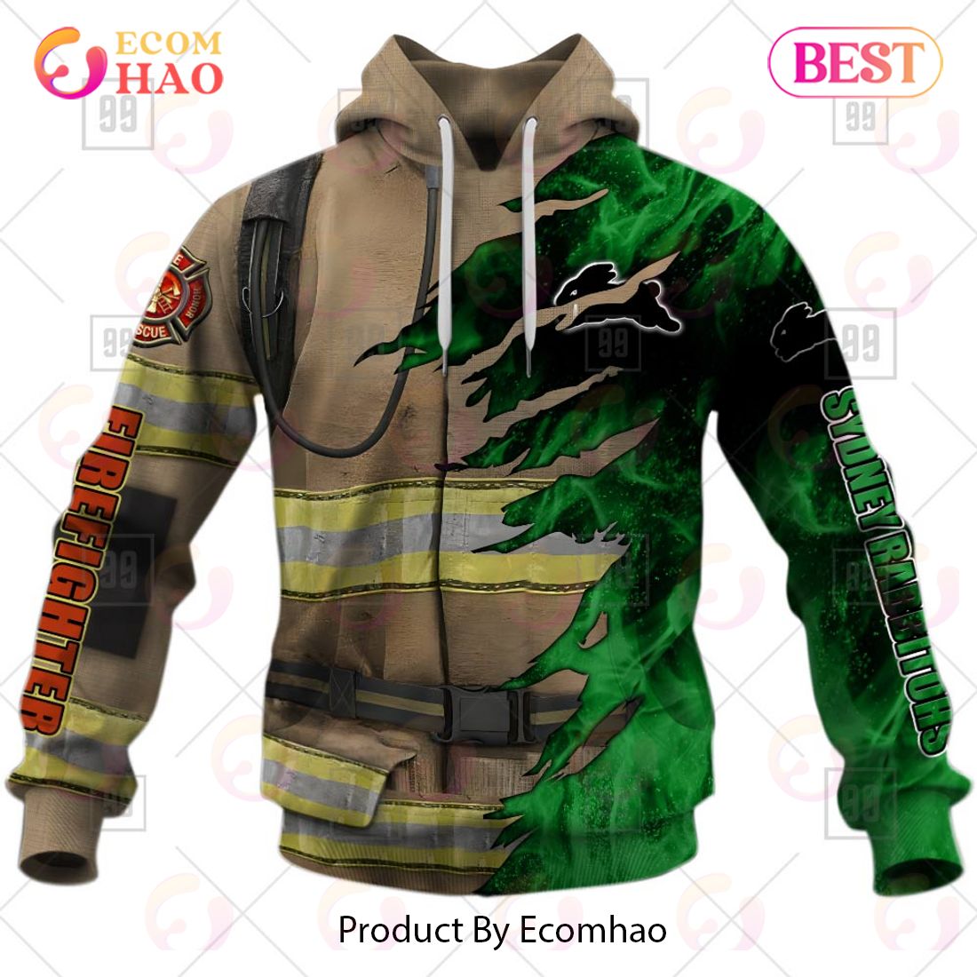 Personalized NRL South Sydney Rabbitohs Firefighter 3D Hoodie