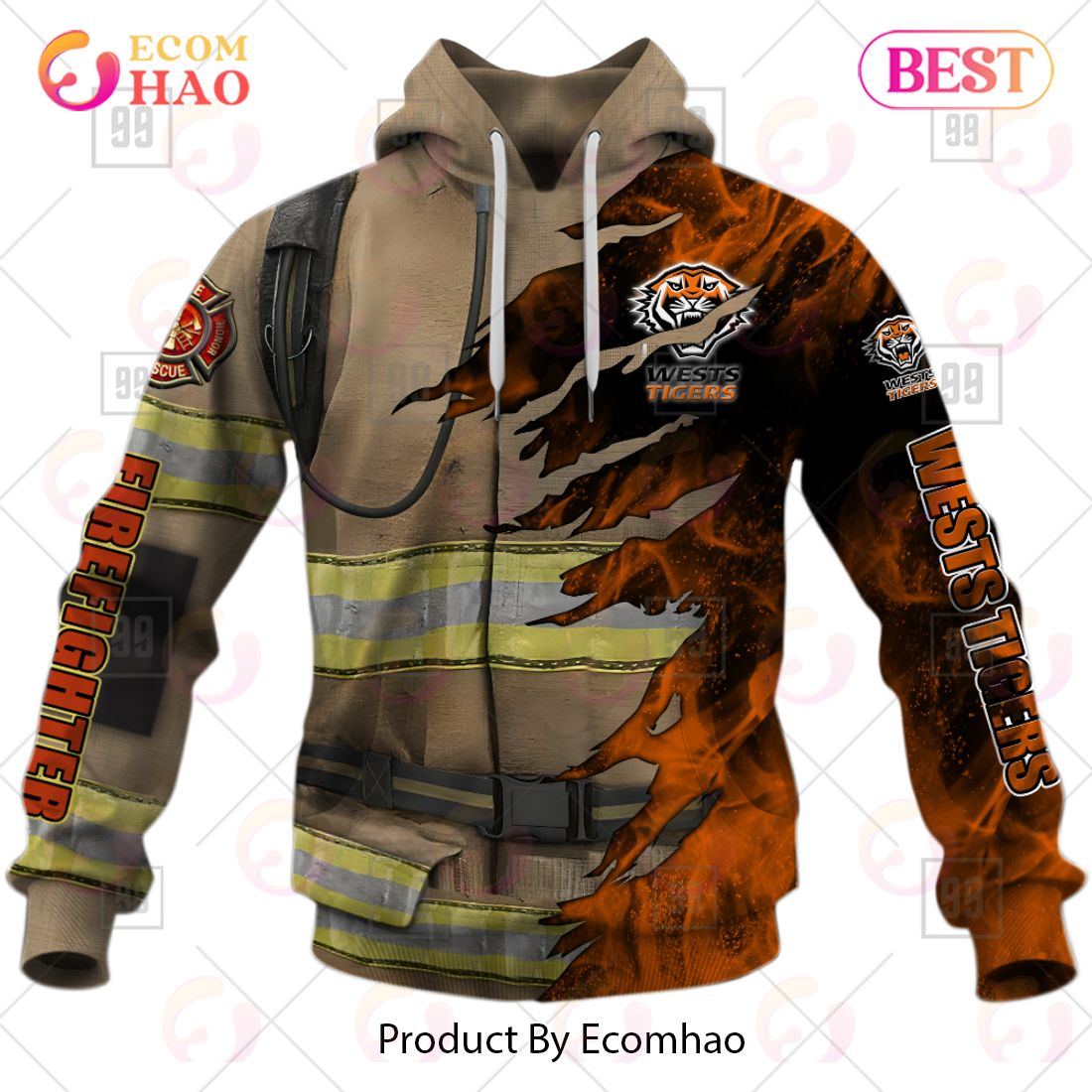 Personalized NRL Wests Tigers Firefighter 3D Hoodie